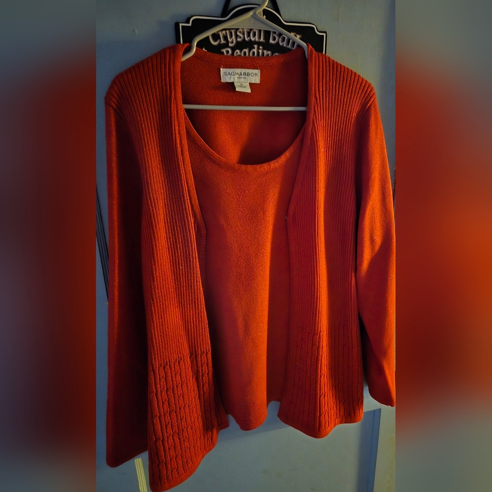 Sagharbor 1X Sparkly Red Blouse W/built In Cardigan